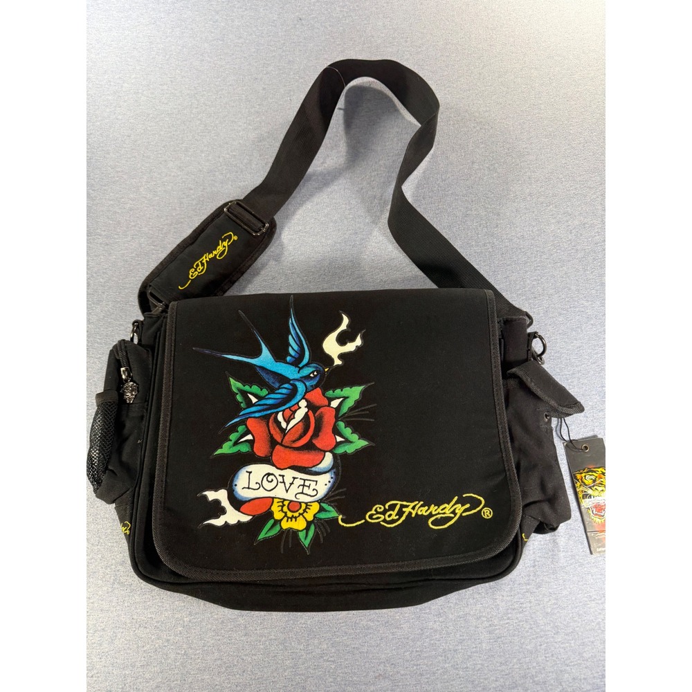 Ed Hardy Love Swallow Rose Messenger Bag Black Canvas Tattoo Art Crossbody